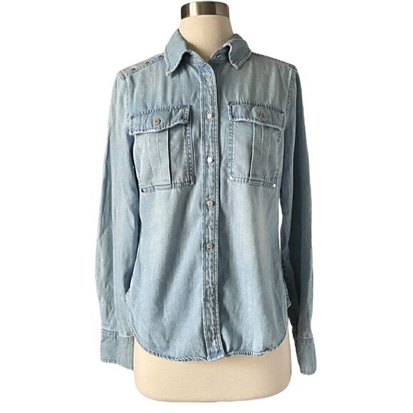 FRAME 70s Studded Denim Shirt Small Light Blue Snap Front Western LWSH1774 - Picture 4 of 10